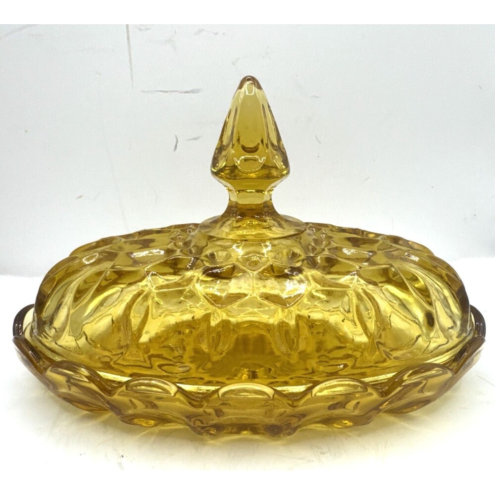 Vintage 1970s Anchor Hocking Fairfield Oval Glass Amber Honey Butter Dish W/ Lid